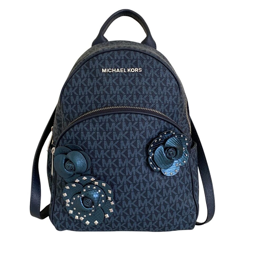 Michael Kors Abbey MK Logo Floral Appliqué Backpack Navy Blue Studded Leather Me